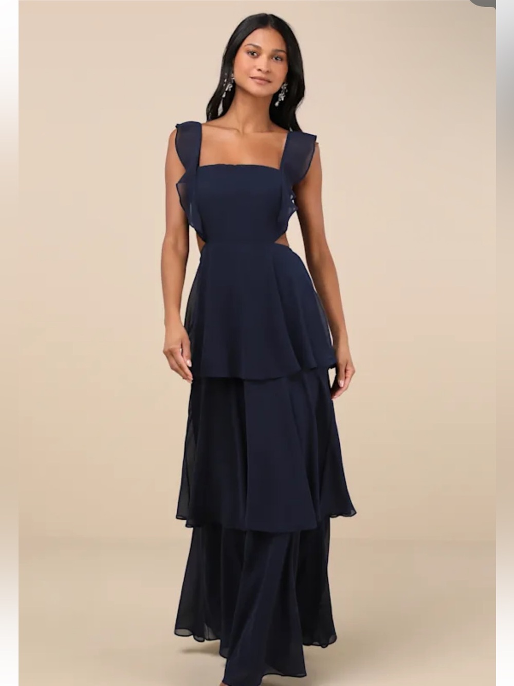 NWT Lulus Elegant Event Navy Ruffled Tie-Back Tiered Maxi Dress